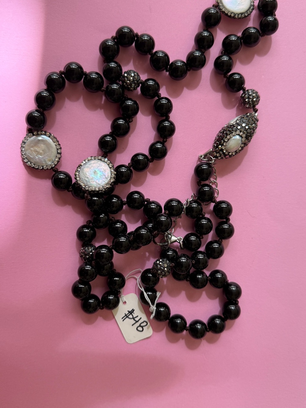 Source Unknown Black Beaded Necklace with Mother-of-Pearl and Rhinestone Accents